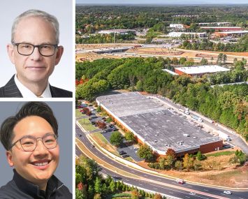 Mapletree's Richard Prokup (top) and John Paul Chua (bottom), and 5890 Ronald Reagan Boulevard in Alpharetta, Ga., one of the assets sold in the portfolio.