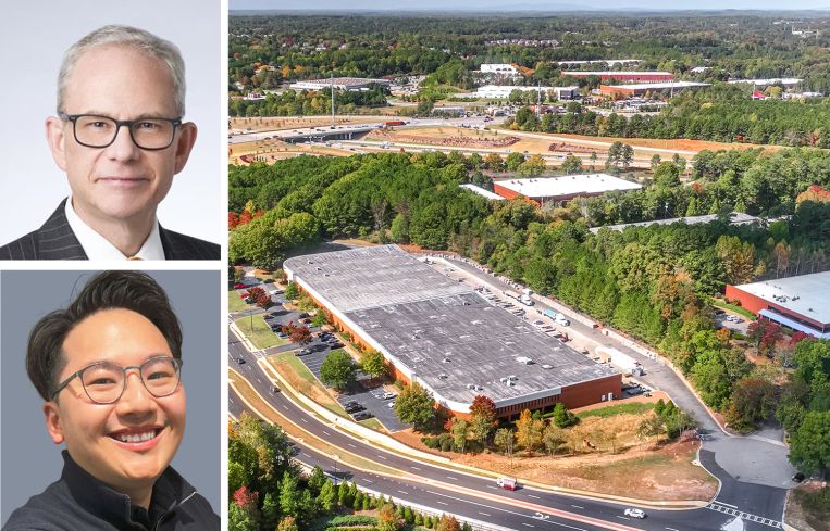Mapletree's Richard Prokup (top) and John Paul Chua (bottom), and 5890 Ronald Reagan Boulevard in Alpharetta, Ga., one of the assets sold in the portfolio.