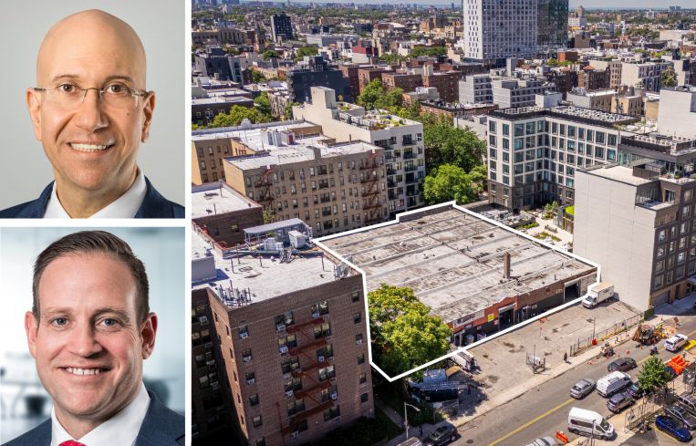 Ariel Property Advisors's Shimon Shkury (top) and Sean Kelly, and 224-240 Clarkson Avenue, Brooklyn.