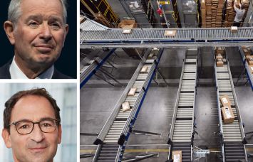Blackstone's Stephen Schwarzman (top) and Jonathan Gray, and packages being sorted in a warehouse.