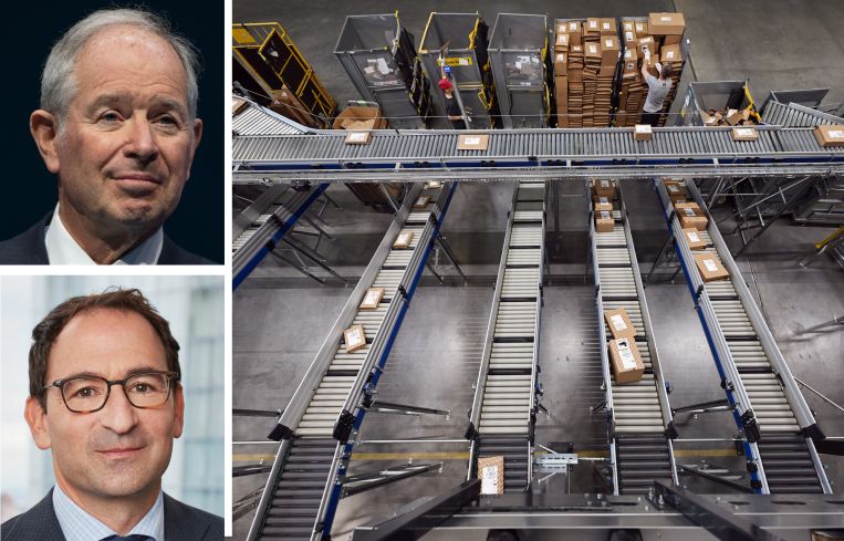 Blackstone's Stephen Schwarzman (top) and Jonathan Gray, and packages being sorted in a warehouse.