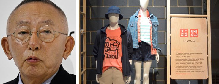 UNIQLO President and founder Tadashi Yanai and a Uniqlo store display.