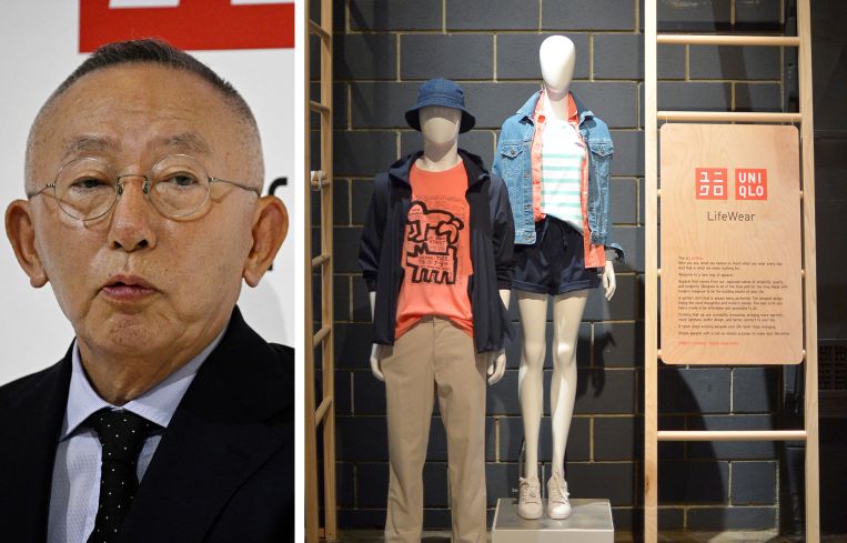 UNIQLO President and founder Tadashi Yanai and a Uniqlo store display.