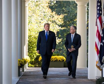 President Donald Trump (left) walks with chairman of the Federal Reserve nominee Jerome Powell on their way to a press event at the White House in 2017.