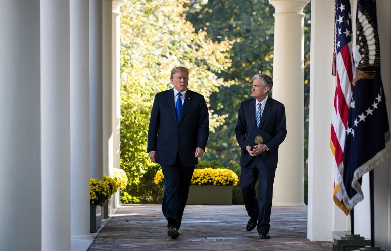 President Donald Trump (left) walks with chairman of the Federal Reserve nominee Jerome Powell on their way to a press event at the White House in 2017.