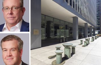 RXR's William Elder (top) and Dan Birney (bottom), and 1285 Avenue of the Americas.
