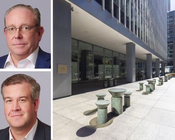 RXR's William Elder (top) and Dan Birney (bottom), and 1285 Avenue of the Americas.