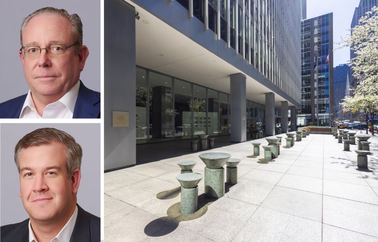 RXR's William Elder (top) and Dan Birney (bottom), and 1285 Avenue of the Americas.