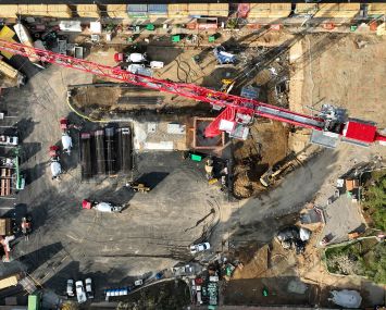 A drone view of a construction site.