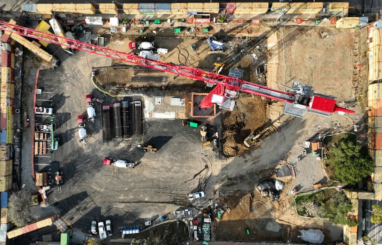 A drone view of a construction site.