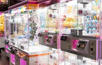 Claw crane machines with stuffed animal toys seen in Tokyo, Japan.