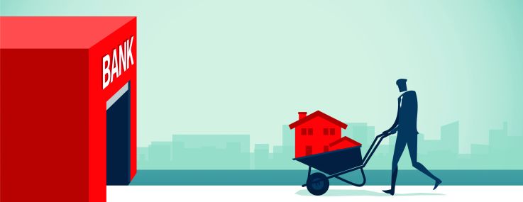 Illustration of a guy wheeling property into a bank branch.