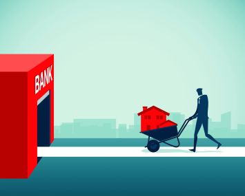 Illustration of a guy wheeling property into a bank branch.