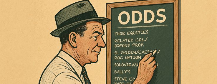 An illustration of a man writing odds on a blackboard.