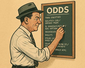 An illustration of a man writing odds on a blackboard.