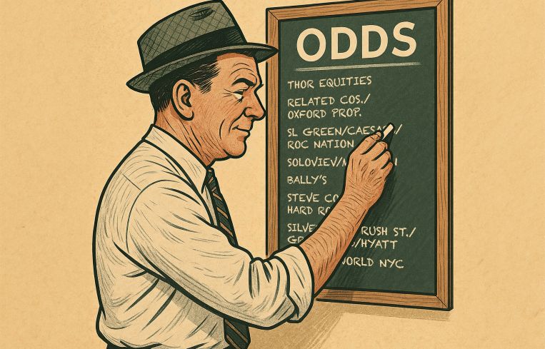 An illustration of a man writing odds on a blackboard.