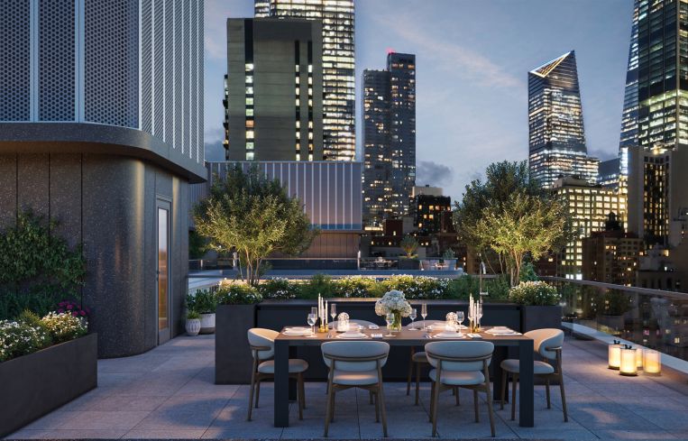 The buildings also have two rooftop parks with landscaping and seating, providing stunning views of the city.