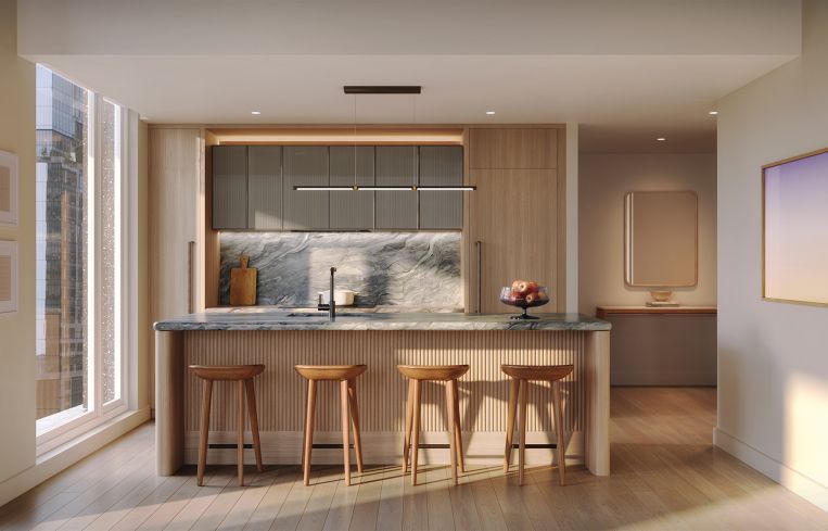 The units themselves are sunny and spacious, with Gaggenau appliances and quartzite countertops