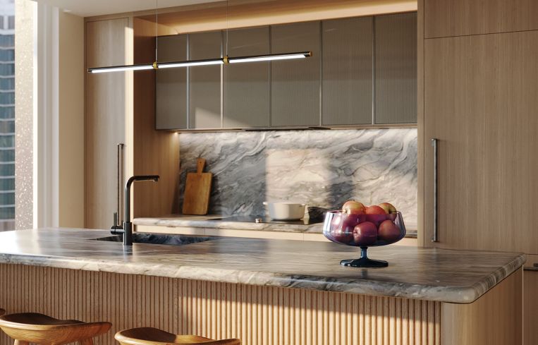 The kitchens in each unite feature Gaggenau appliances and quartzite countertops.