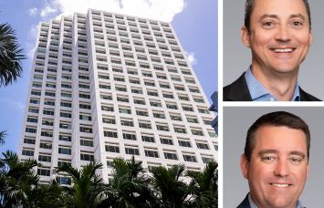 801 Brickell Avenue, Miami, and Colliers's Stephen Rutchik (top) and Tom Farmer (bottom).