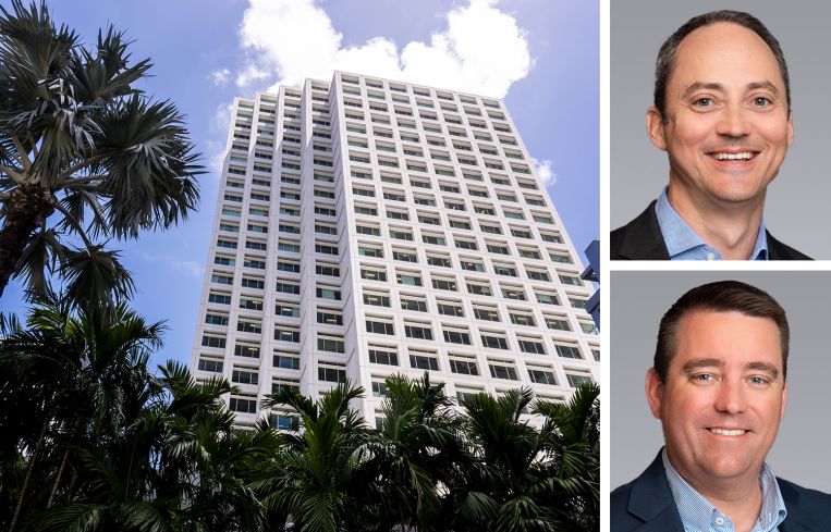 801 Brickell Avenue, Miami, and Colliers's Stephen Rutchik (top) and Tom Farmer (bottom).