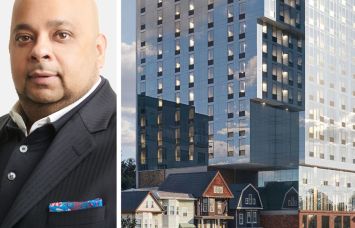 Tyko Capital's Adi Chugh, and s rendering of a planned 27-story mixed-use multifamily building at 29 Van Reipen Avenue in Jersey City's Journal Square section.
