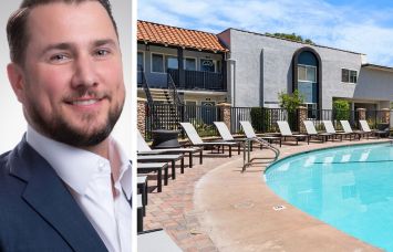 Northmarq's Alex Kane and the pool at Villa Serrano Apartment Homes in Anaheim, Calif.