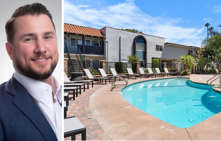 Northmarq's Alex Kane and the pool at Villa Serrano Apartment Homes in Anaheim, Calif.