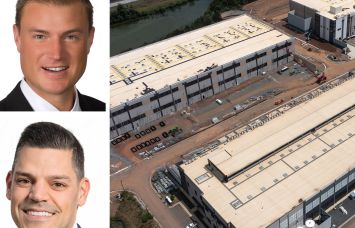 JLL's Andrew Batson (top) and Andy Cvengros (bottom), and data centers under construction in Stone Ridge, Va.