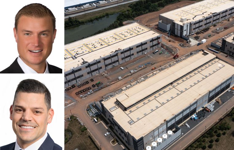 JLL's Andrew Batson (top) and Andy Cvengros (bottom), and data centers under construction in Stone Ridge, Va.