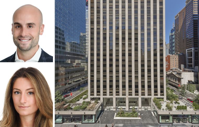 JLL's Andrew Coe (top) and Margaux Kelleher (bottom), and 1133 Avenue of the Americas.