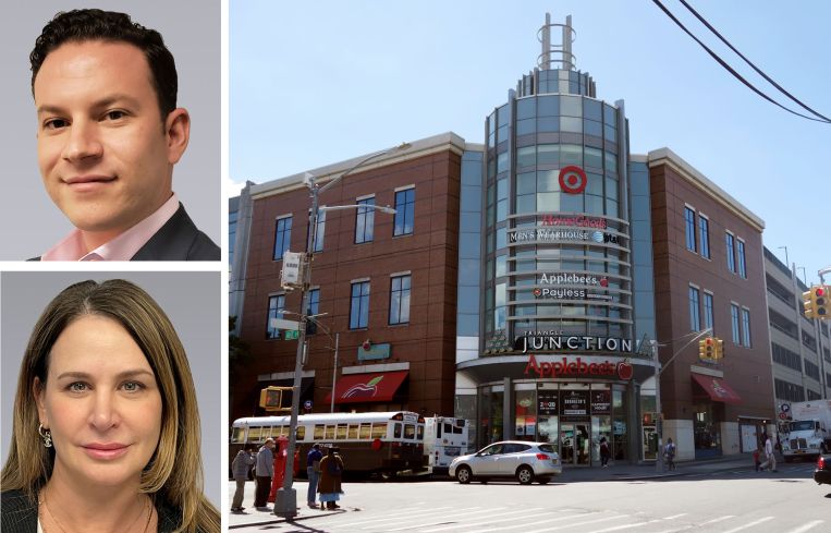 Colliers's Andrew Jacobs (top) and Jackie Chesler (bottom), and Triangle Junction at 1600 Flatbush Avenue, Brooklyn.