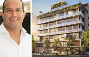 META Development CEO Andrew Rasken and a rendering of Opus in Coconut Grove, Fla.