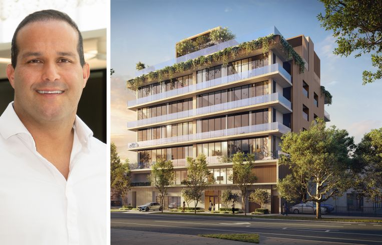 META Development CEO Andrew Rasken and a rendering of Opus in Coconut Grove, Fla.