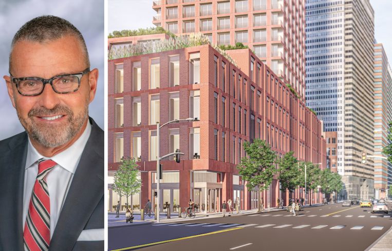 Seaport Entertainment Group CEO, President and Chairman Anton Nikodemus, and a rendering of the proposed project at 250 Water Street.