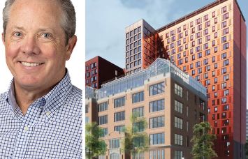 Bart Mitchell, president and CEO of The Community Builders, and a rendering of a proposed residential buliding, The Beacon, at 413 East 120th Street.