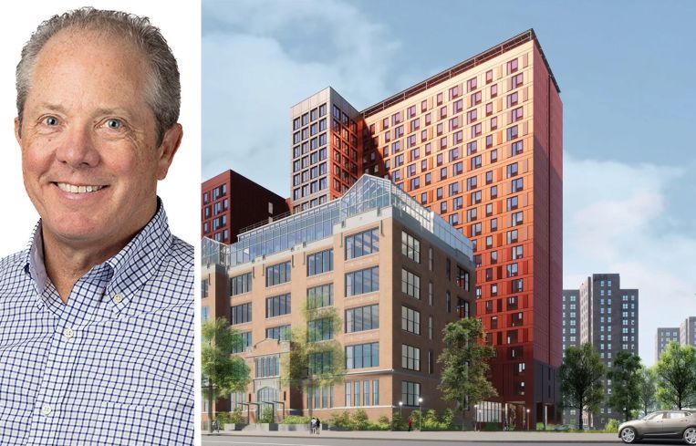Bart Mitchell, president and CEO of The Community Builders, and a rendering of a proposed residential buliding, The Beacon, at 413 East 120th Street.