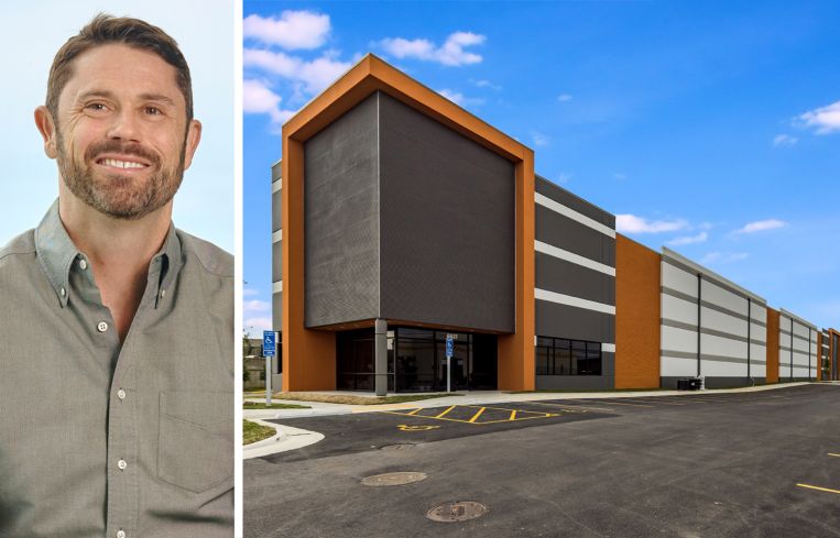 Fundrise CEO Ben Miller and a warehouse in Springfield, Va. that's part of the portfolio.