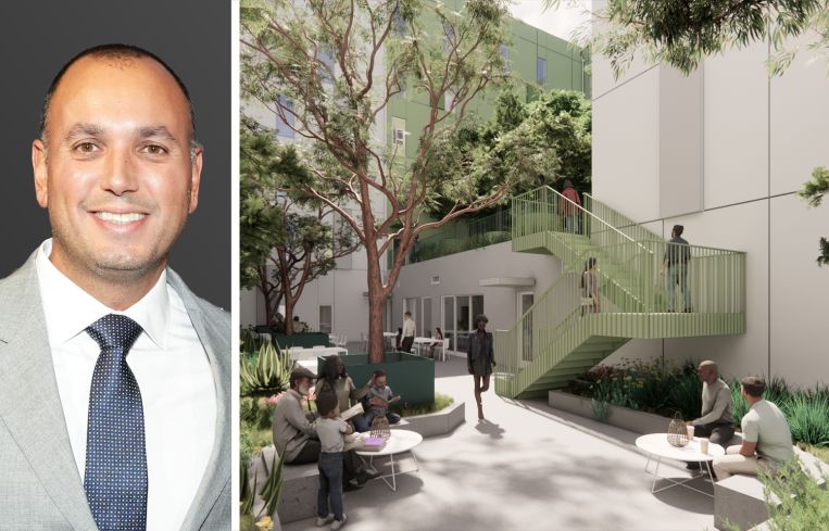 Thrive Living's Ben Shaoul and a rendering of 1141 North Vermont Street, Los Angeles.