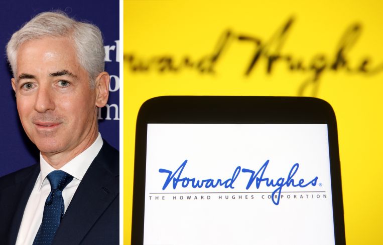 Bill Ackman, founder and CEO of Pershing Square Capital, and the Howard Hughes logo displayed on a phone screen.