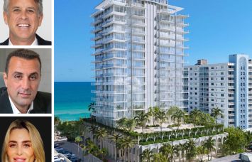 Kolter Group's Bobby Julien (top), BH Group's Isaac Toledano (center) and Liat Toledano (bottom), and a rendering of the proposed development at 6985 Collins Avenue, Miami.