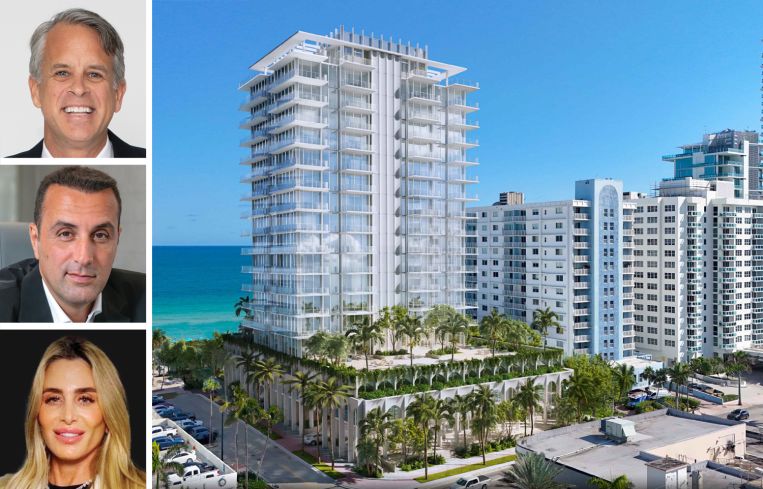 Kolter Group's Bobby Julien (top), BH Group's Isaac Toledano (center) and Liat Toledano (bottom), and a rendering of the proposed development at 6985 Collins Avenue, Miami.
