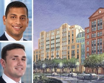 Dwight Capital's Brandon Baksh (top) and Noah Greenwald (bottom), and an illustration of the LC Line and Low multifamily property project in Charleston, S.C.