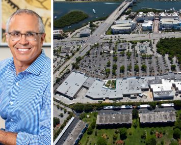 Casey Cummings, CEO at Ram Realty Advisors, and an aerial photo of the Shoppes at Jupiter.