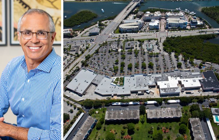 Casey Cummings, CEO at Ram Realty Advisors, and an aerial photo of the Shoppes at Jupiter.
