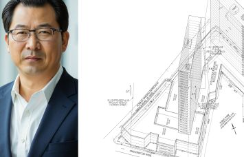Chris Jiashu Xu, president of United Construction, and a diagram of two proposed buildings at 61-06 Junction Boulevard, Queens.