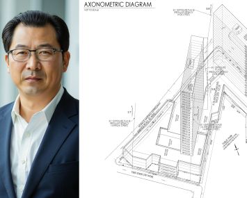Chris Jiashu Xu, president of United Construction, and a diagram of two proposed buildings at 61-06 Junction Boulevard, Queens.