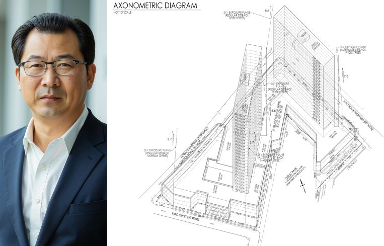 Chris Jiashu Xu, president of United Construction, and a diagram of two proposed buildings at 61-06 Junction Boulevard, Queens.