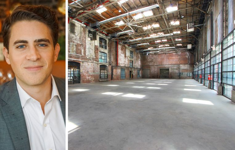 Corey Cohen, founder of The Roebling Group, and the interior of Greenpoint Terminal Market, Brooklyn.