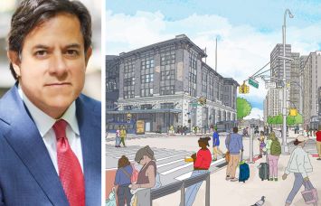 Director of the New York City Department of City Planning Dan Garodnick and a rendering of part of the Jamaica Neighborhood Plan.